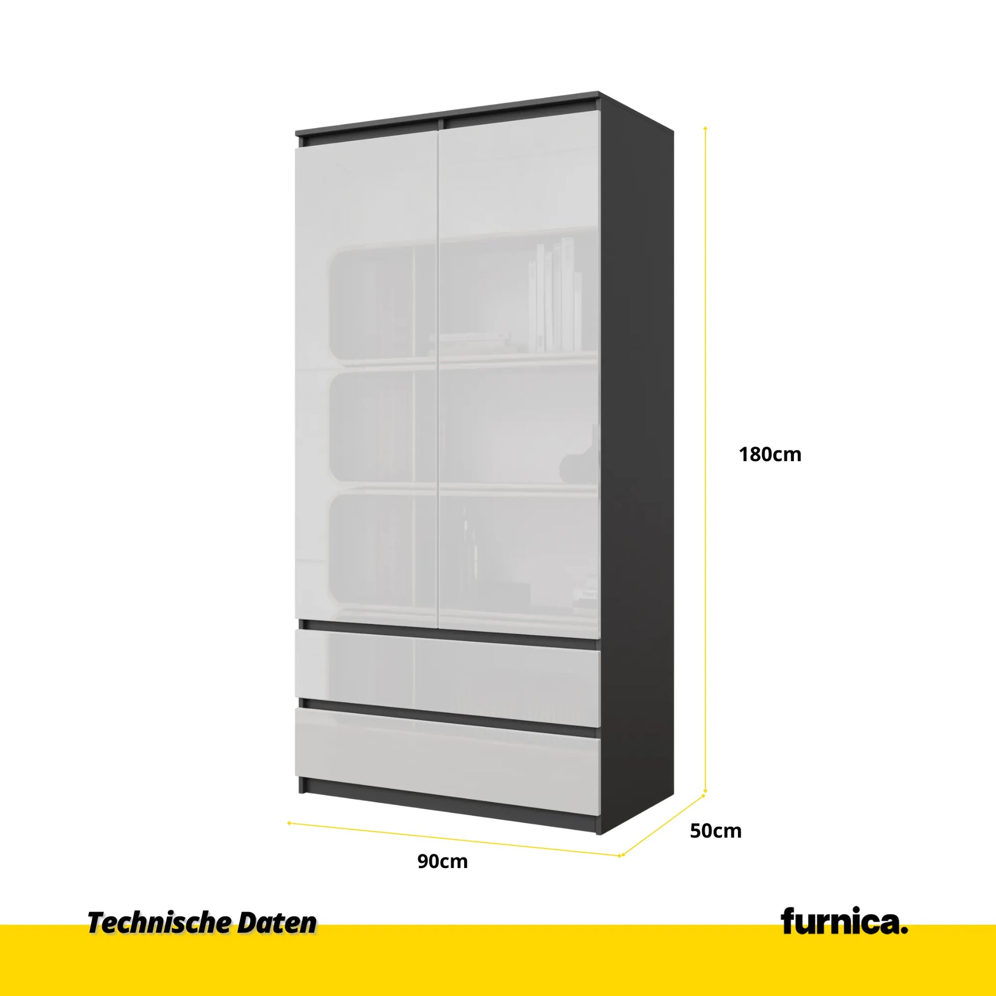 JOELLE - Kleiderschrank mit 2 Türen und 2 Schubladen -  Anthrazit / Weißglanz H180cm B90cm T50cm – Furnica
