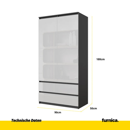 JOELLE - Kleiderschrank mit 2 Türen und 2 Schubladen -  Anthrazit / Weißglanz H180cm B90cm T50cm – Furnica