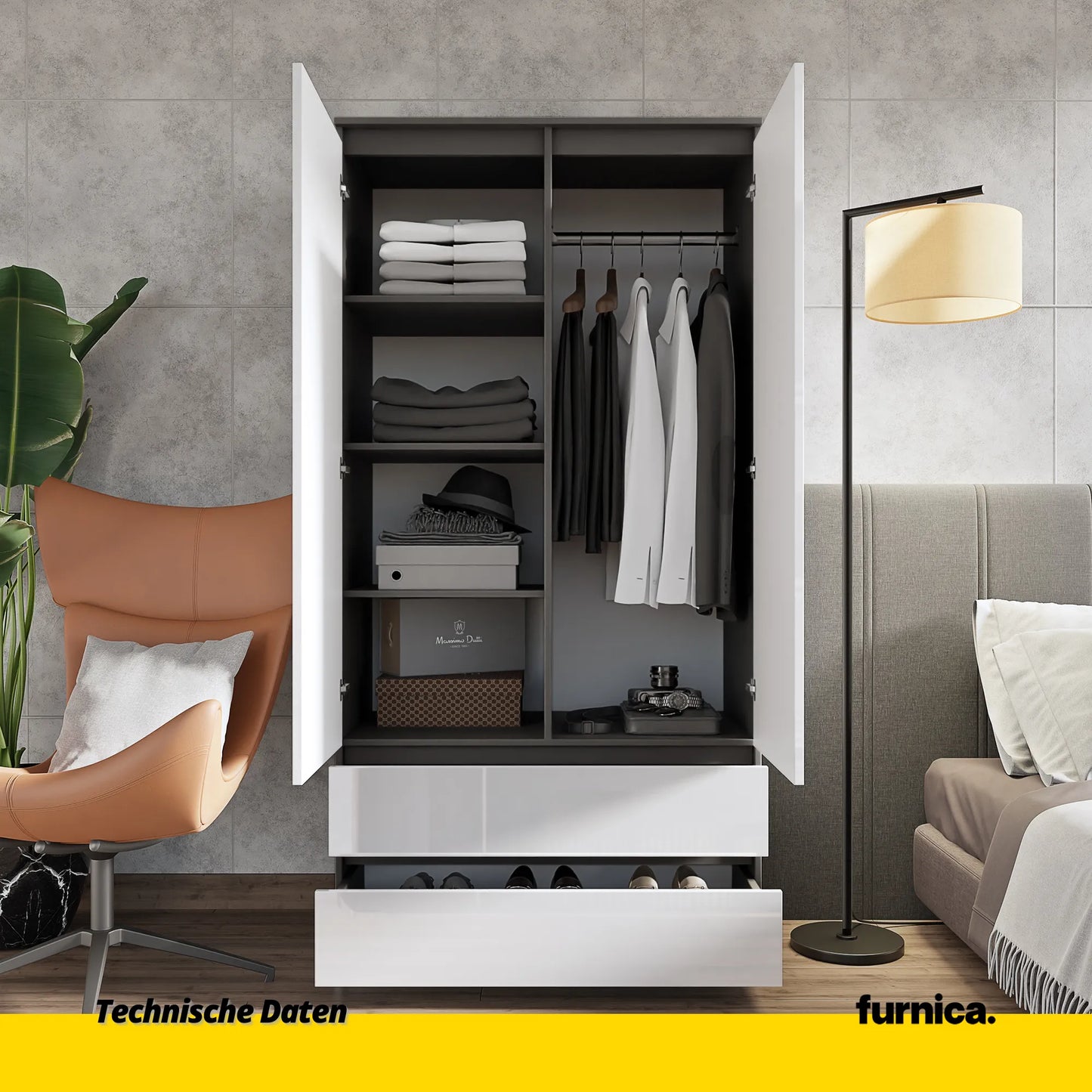 JOELLE - Kleiderschrank mit 2 Türen und 2 Schubladen -  Anthrazit / Weißglanz H180cm B90cm T50cm – Furnica