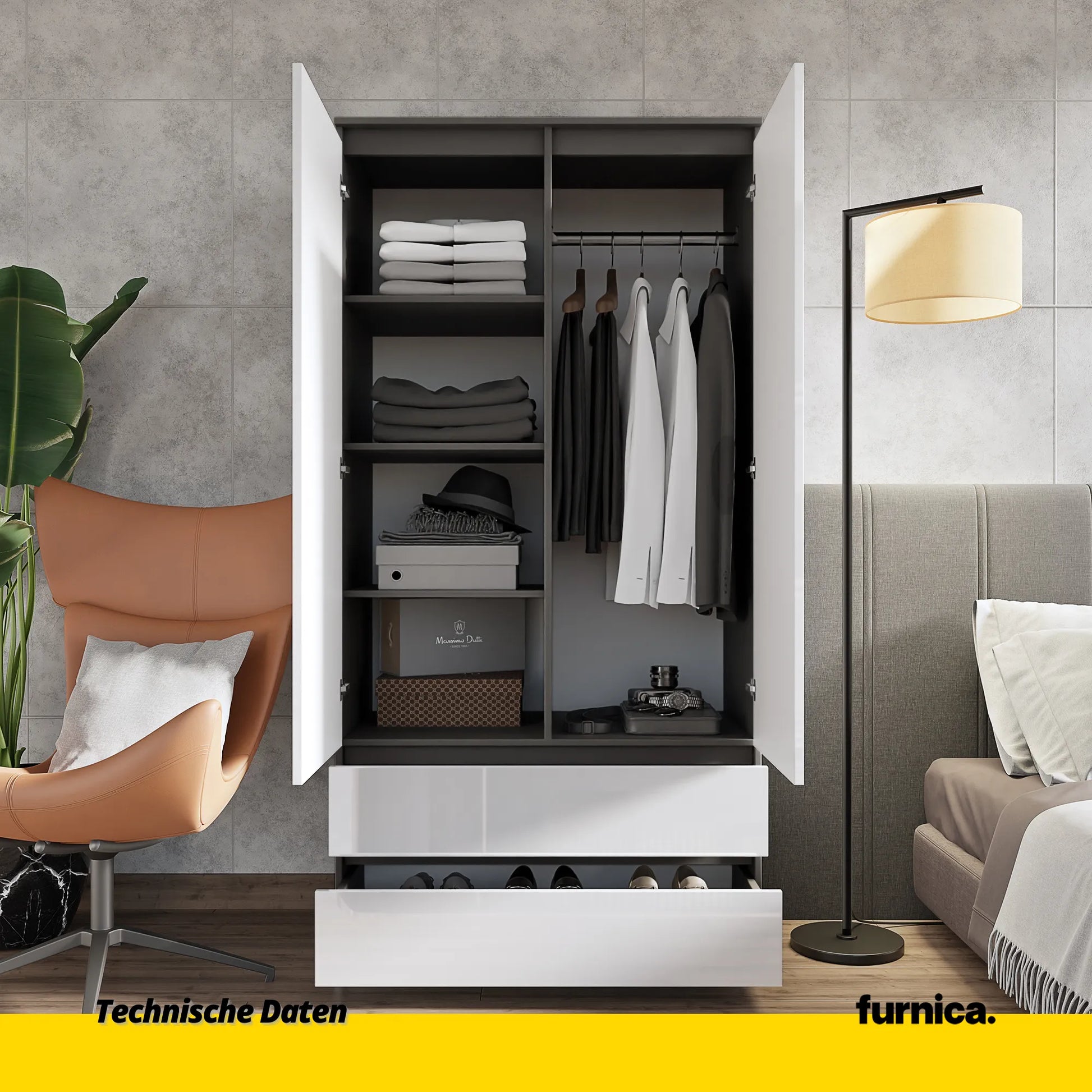 JOELLE - Kleiderschrank mit 2 Türen und 2 Schubladen -  Anthrazit / Weißglanz H180cm B90cm T50cm – Furnica