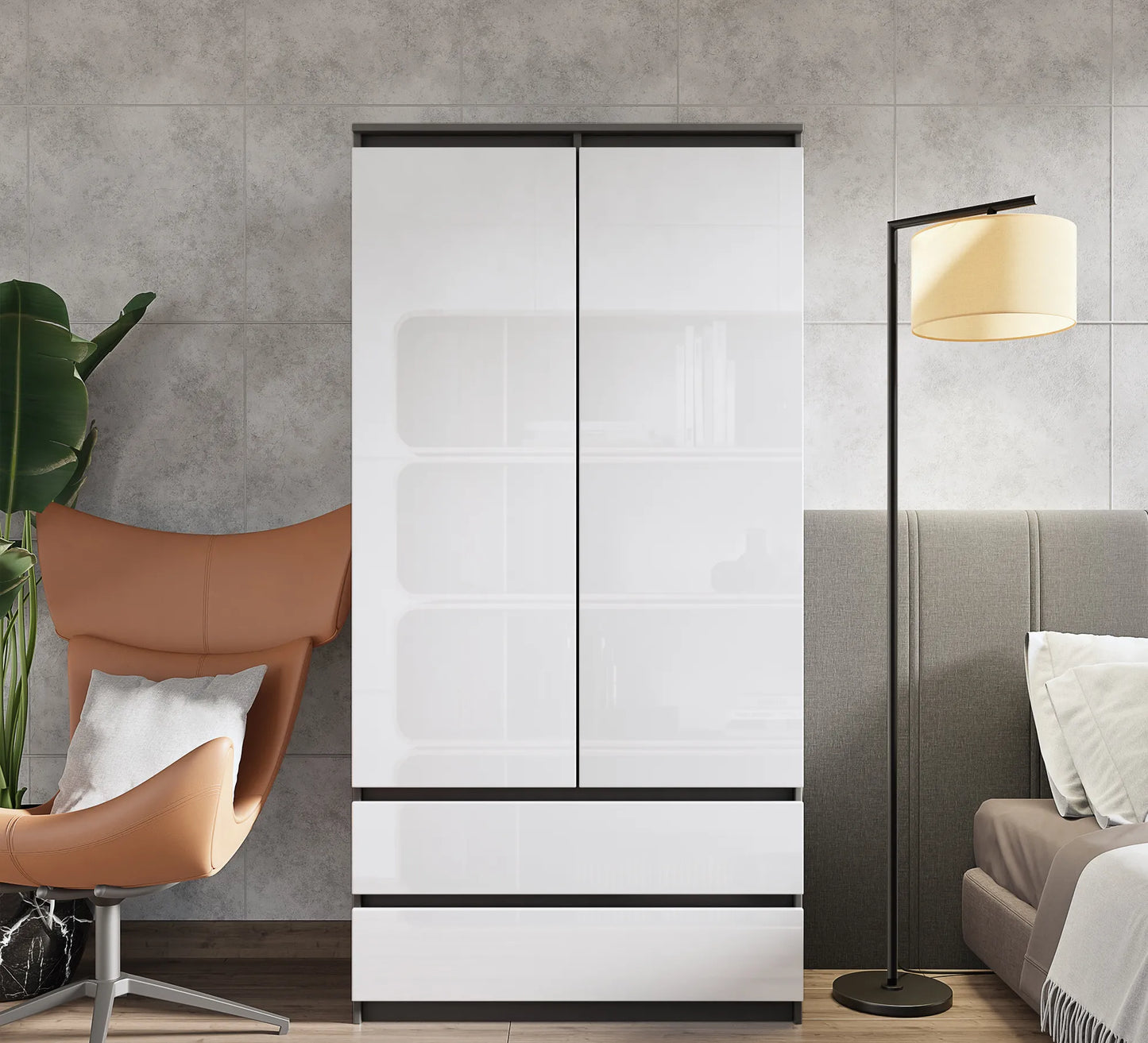 JOELLE - Kleiderschrank mit 2 Türen und 2 Schubladen -  Anthrazit / Weißglanz H180cm B90cm T50cm – Furnica