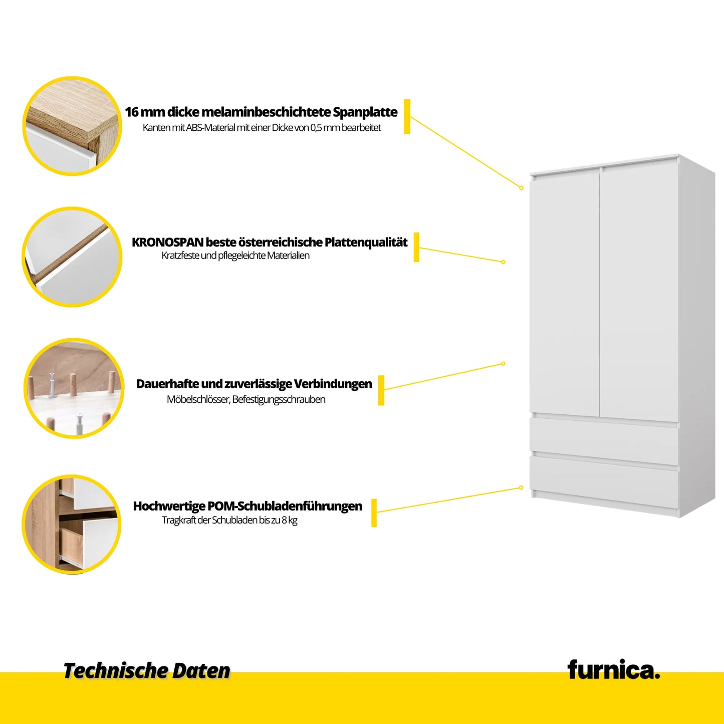 JOELLE - Kleiderschrank mit 2 Türen und 2 Schubladen - Weiß Matt H180cm B90cm T50cm – Furnica