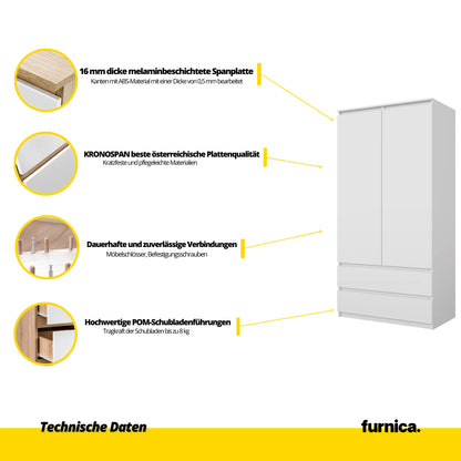 JOELLE - Kleiderschrank mit 2 Türen und 2 Schubladen - Weiß Matt H180cm B90cm T50cm – Furnica