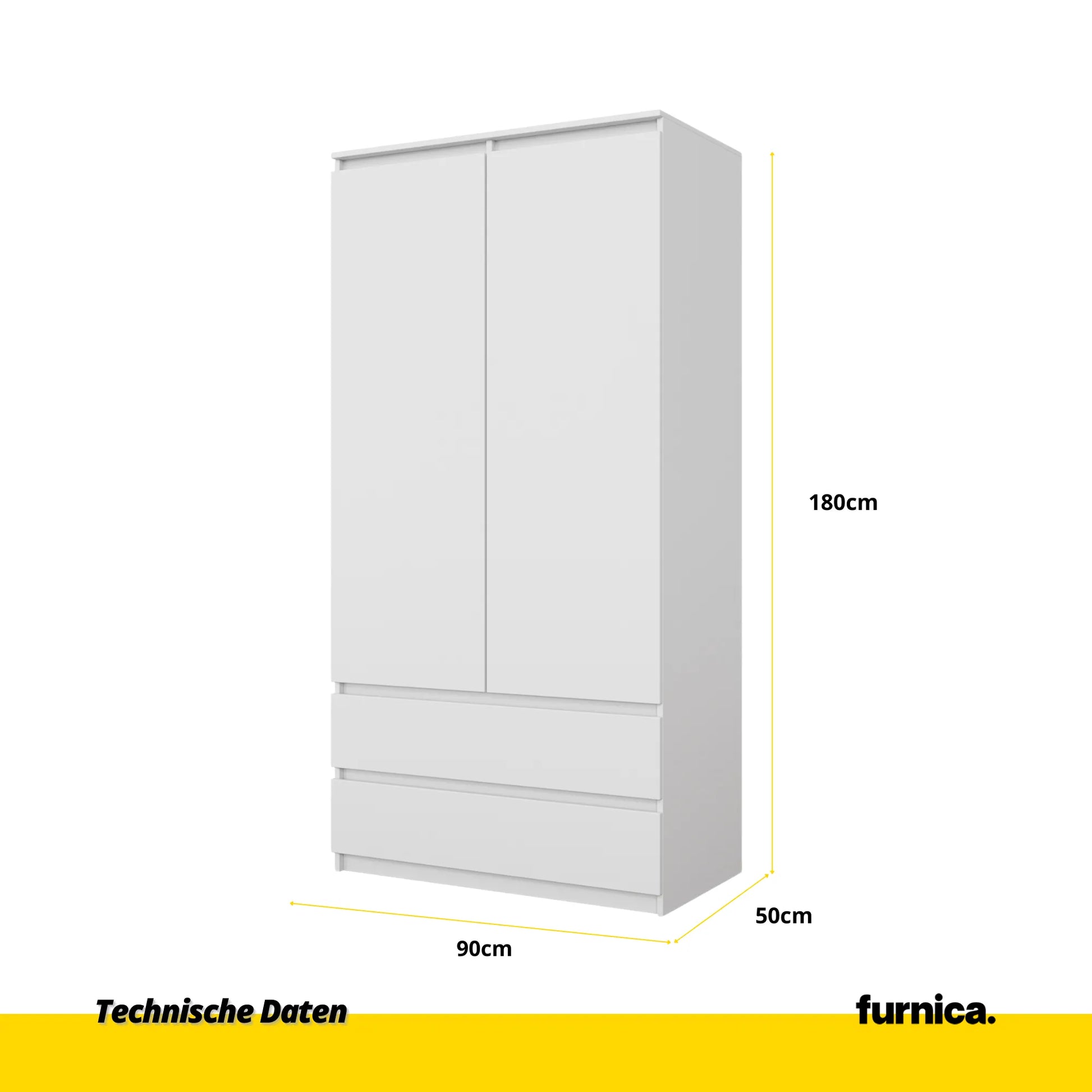 JOELLE - Kleiderschrank mit 2 Türen und 2 Schubladen - Weiß Matt H180cm B90cm T50cm – Furnica