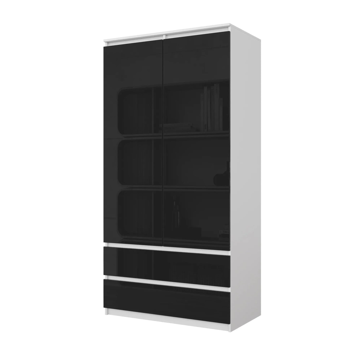 JOELLE - Kleiderschrank mit 2 Türen und 2 Schubladen -  Weiß Matt / Schwarz Gloss H180cm B90cm T50cm – Furnica