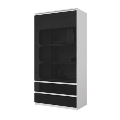 JOELLE - Kleiderschrank mit 2 Türen und 2 Schubladen -  Weiß Matt / Schwarz Gloss H180cm B90cm T50cm – Furnica