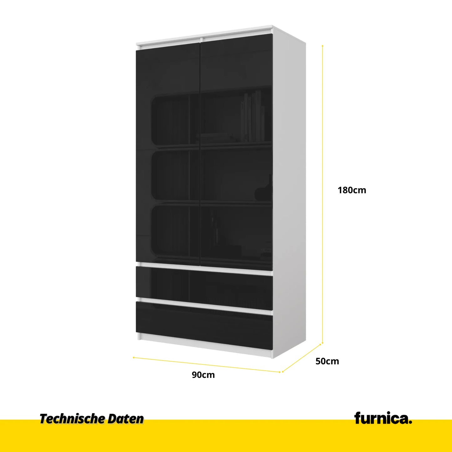 JOELLE - Kleiderschrank mit 2 Türen und 2 Schubladen -  Weiß Matt / Schwarz Gloss H180cm B90cm T50cm – Furnica