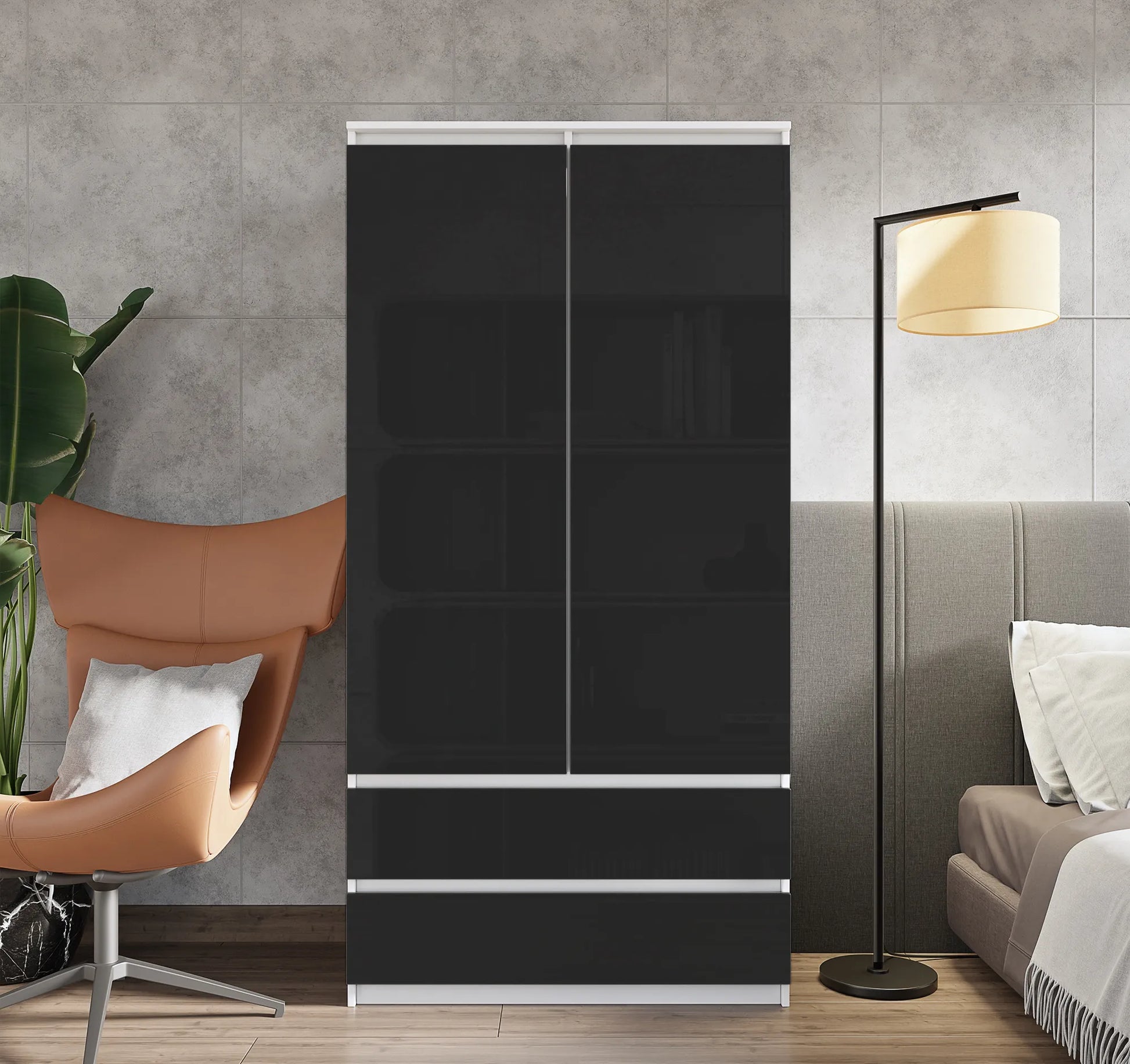 JOELLE - Kleiderschrank mit 2 Türen und 2 Schubladen -  Weiß Matt / Schwarz Gloss H180cm B90cm T50cm – Furnica