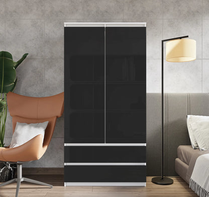 JOELLE - Kleiderschrank mit 2 Türen und 2 Schubladen -  Weiß Matt / Schwarz Gloss H180cm B90cm T50cm – Furnica