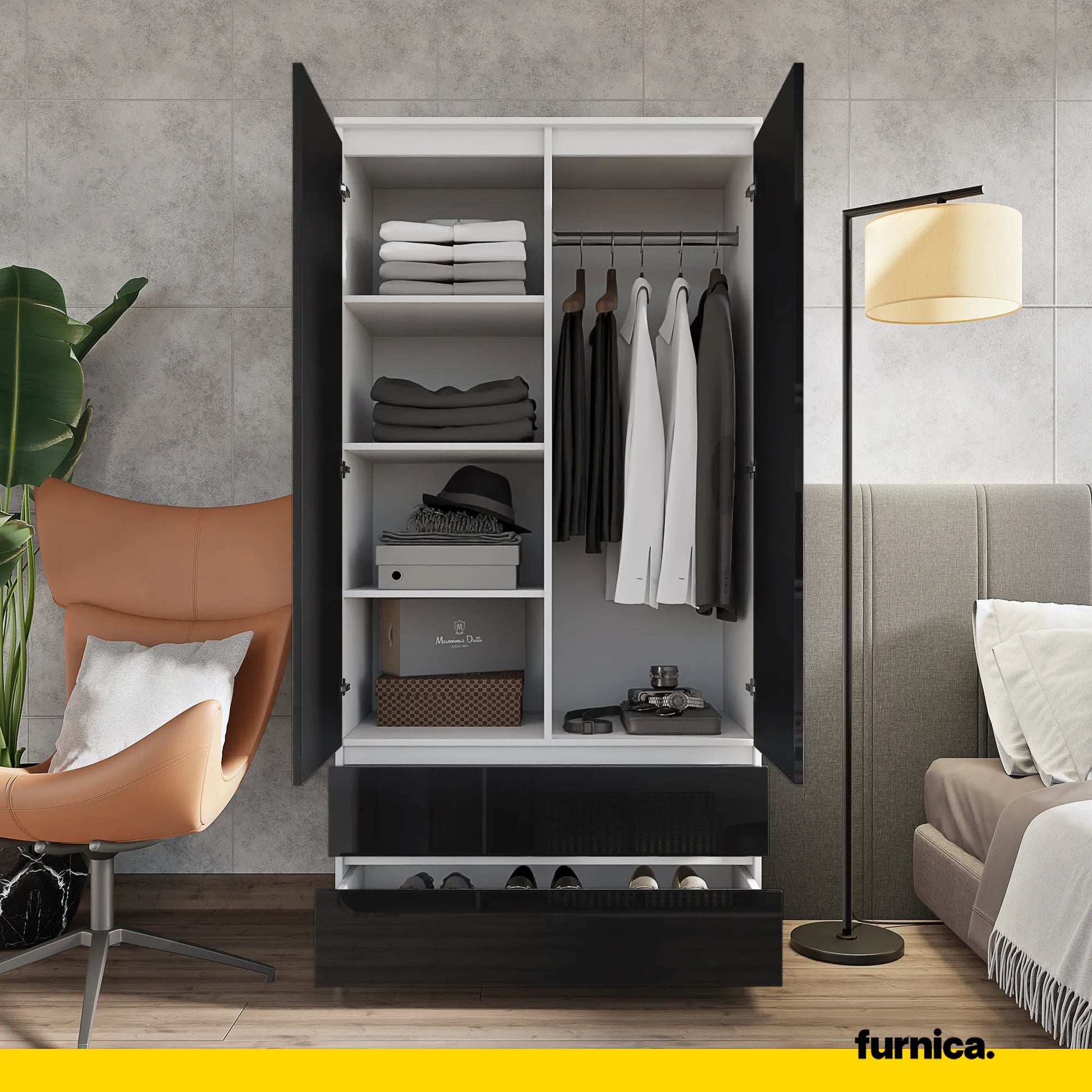 JOELLE - Kleiderschrank mit 2 Türen und 2 Schubladen -  Weiß Matt / Schwarz Gloss H180cm B90cm T50cm – Furnica