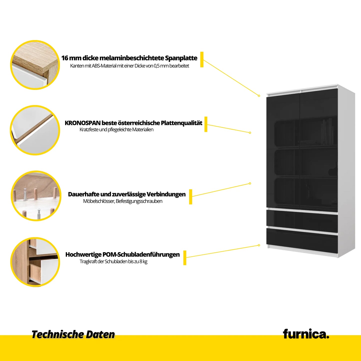 JOELLE - Kleiderschrank mit 2 Türen und 2 Schubladen -  Weiß Matt / Schwarz Gloss H180cm B90cm T50cm – Furnica