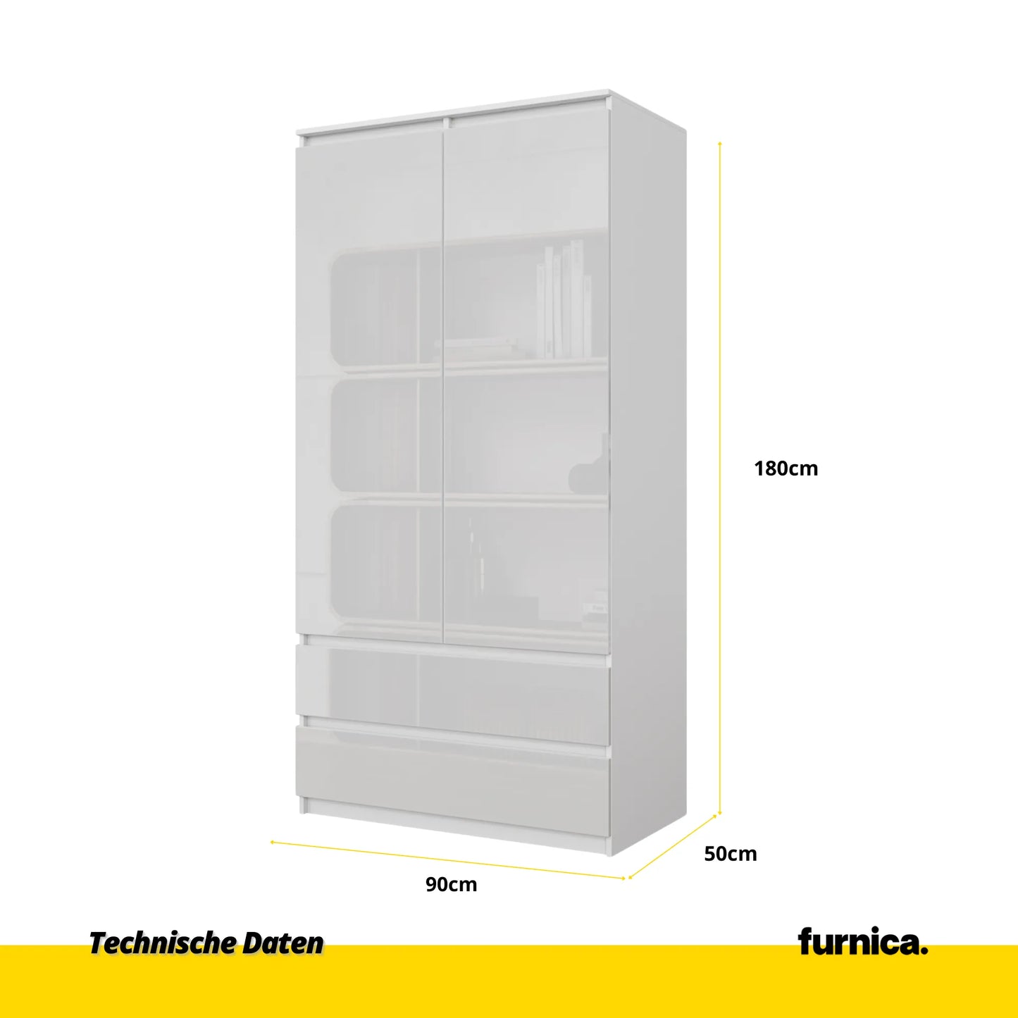 JOELLE - Kleiderschrank mit 2 Türen und 2 Schubladen -  Weiß Matt / Weißglanz H180cm B90cm T50cm – Furnica