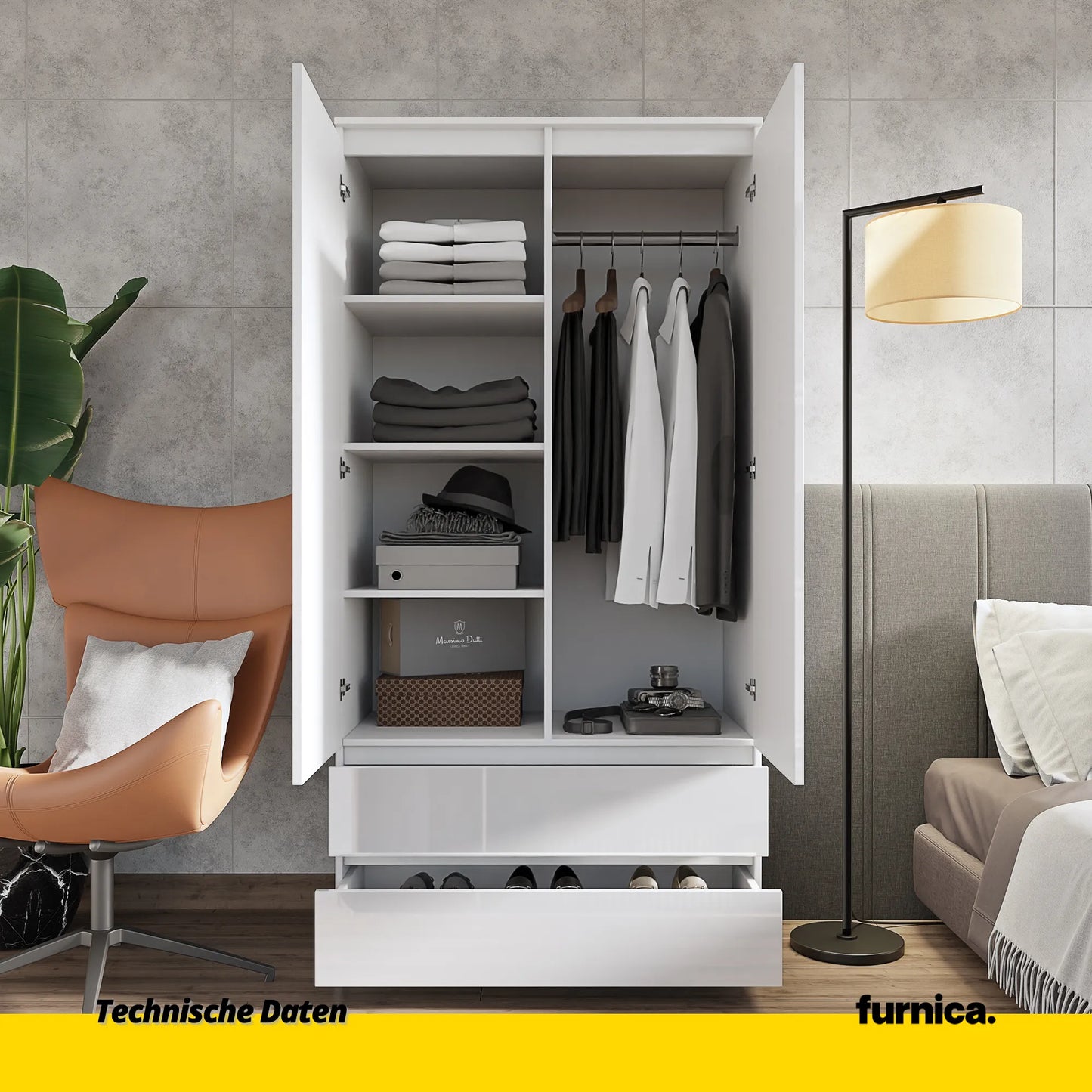 JOELLE - Kleiderschrank mit 2 Türen und 2 Schubladen -  Weiß Matt / Weißglanz H180cm B90cm T50cm – Furnica