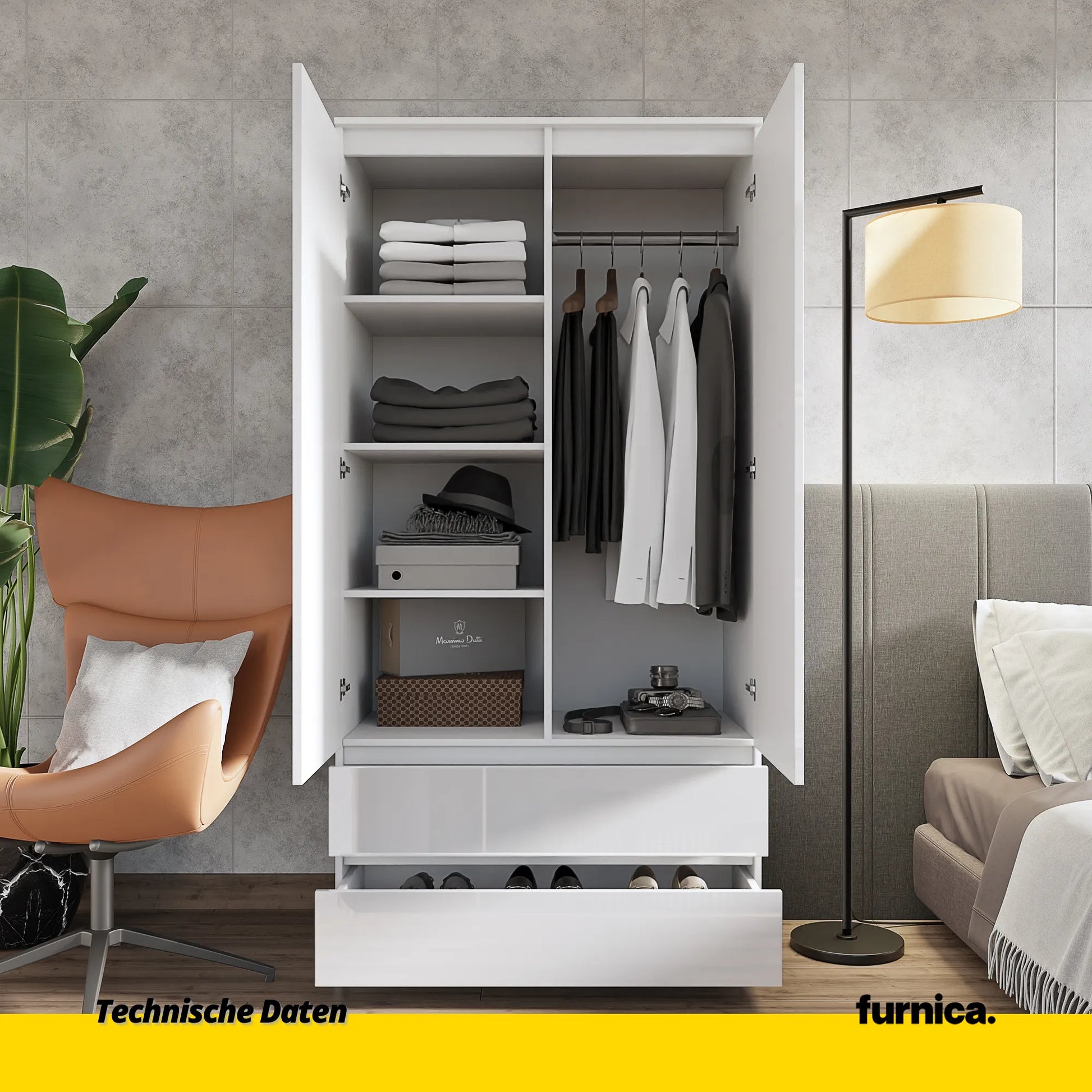 JOELLE - Kleiderschrank mit 2 Türen und 2 Schubladen -  Weiß Matt / Weißglanz H180cm B90cm T50cm – Furnica