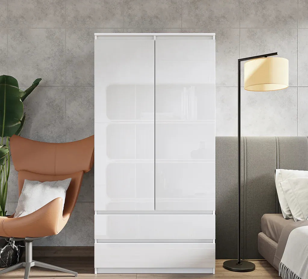 JOELLE - Kleiderschrank mit 2 Türen und 2 Schubladen -  Weiß Matt / Weißglanz H180cm B90cm T50cm – Furnica