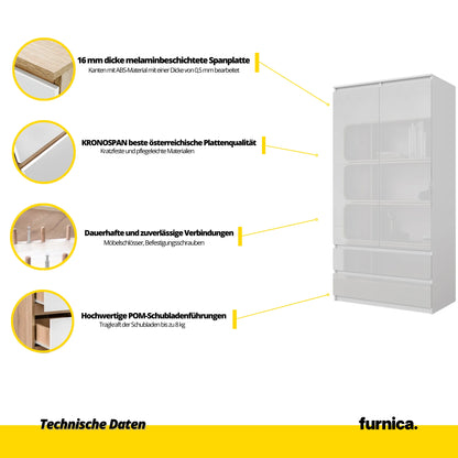 JOELLE - Kleiderschrank mit 2 Türen und 2 Schubladen -  Weiß Matt / Weißglanz H180cm B90cm T50cm – Furnica
