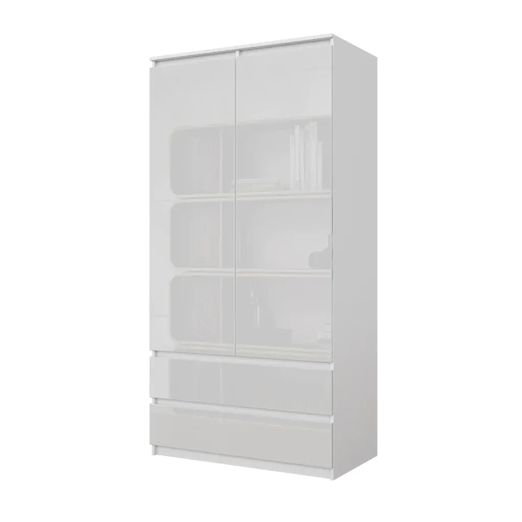 JOELLE - Kleiderschrank mit 2 Türen und 2 Schubladen -  Weiß Matt / Weißglanz H180cm B90cm T50cm – Furnica
