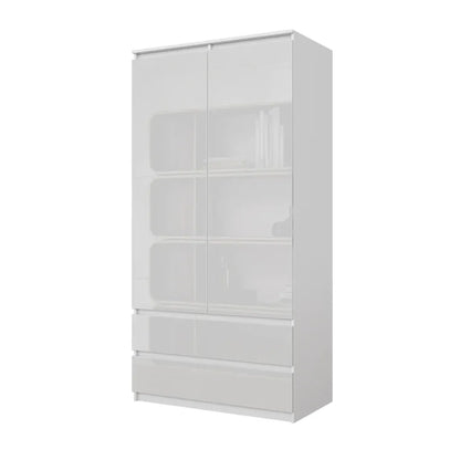 JOELLE - Kleiderschrank mit 2 Türen und 2 Schubladen -  Weiß Matt / Weißglanz H180cm B90cm T50cm – Furnica