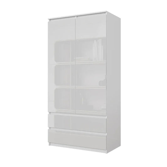 JOELLE - Kleiderschrank mit 2 Türen und 2 Schubladen - Weiß Matt / Weißglanz H180cm B90cm T50cm Furnica – zdjęcie 1