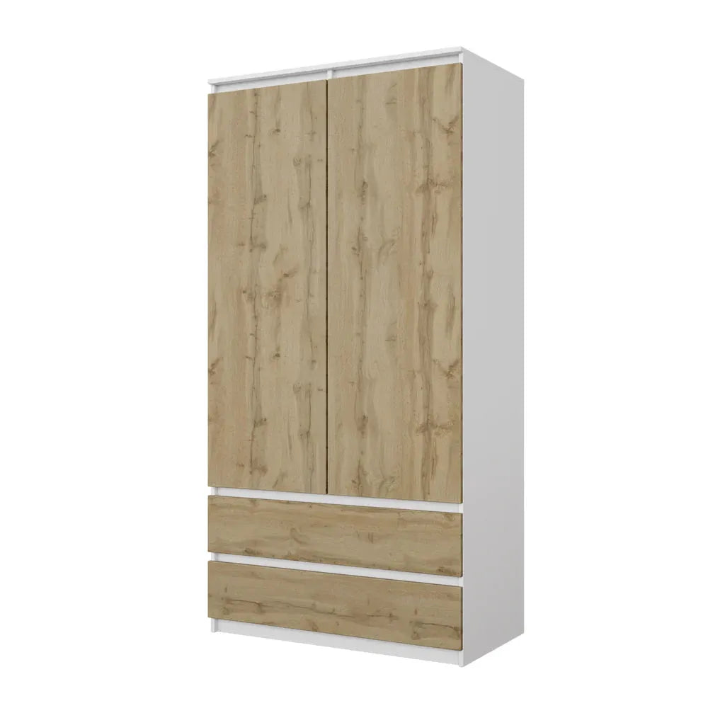 JOELLE - Kleiderschrank mit 2 Türen und 2 Schubladen - Weiß Matt / Wotan Eiche H180cm B90cm T50cm – Furnica