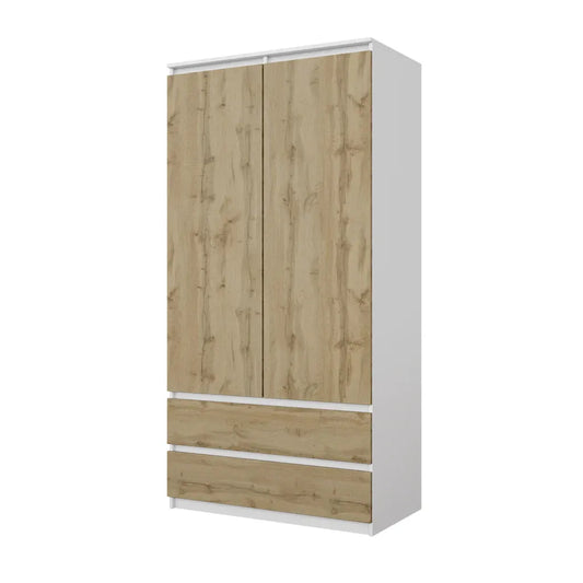JOELLE - Kleiderschrank mit 2 Türen und 2 Schubladen - Weiß Matt / Wotan Eiche H180cm B90cm T50cm Furnica – zdjęcie 1