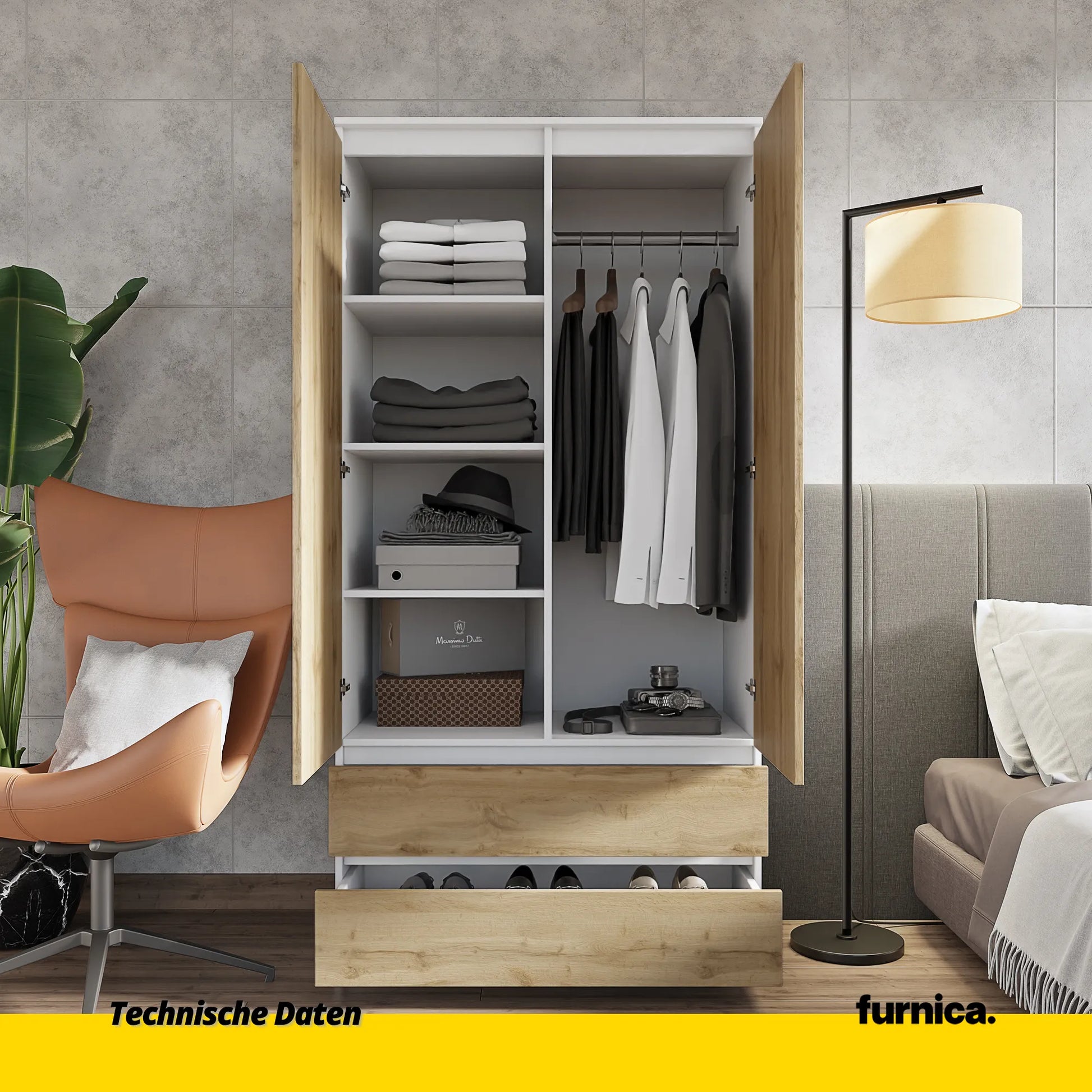 JOELLE - Kleiderschrank mit 2 Türen und 2 Schubladen - Weiß Matt / Wotan Eiche H180cm B90cm T50cm – Furnica
