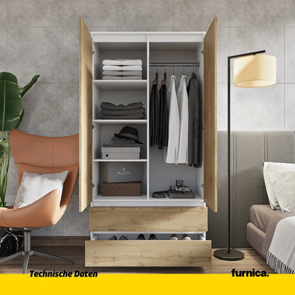 JOELLE - Kleiderschrank mit 2 Türen und 2 Schubladen - Weiß Matt / Wotan Eiche H180cm B90cm T50cm – Furnica