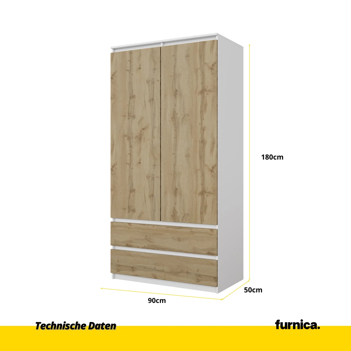 JOELLE - Kleiderschrank mit 2 Türen und 2 Schubladen - Weiß Matt / Wotan Eiche H180cm B90cm T50cm – Furnica