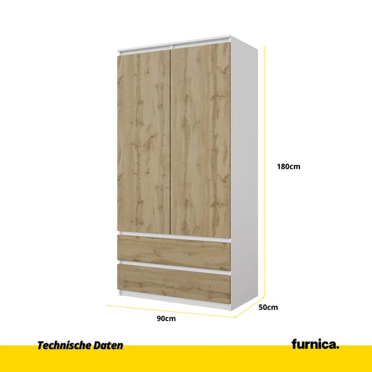 JOELLE - Kleiderschrank mit 2 Türen und 2 Schubladen - Weiß Matt / Wotan Eiche H180cm B90cm T50cm – Furnica