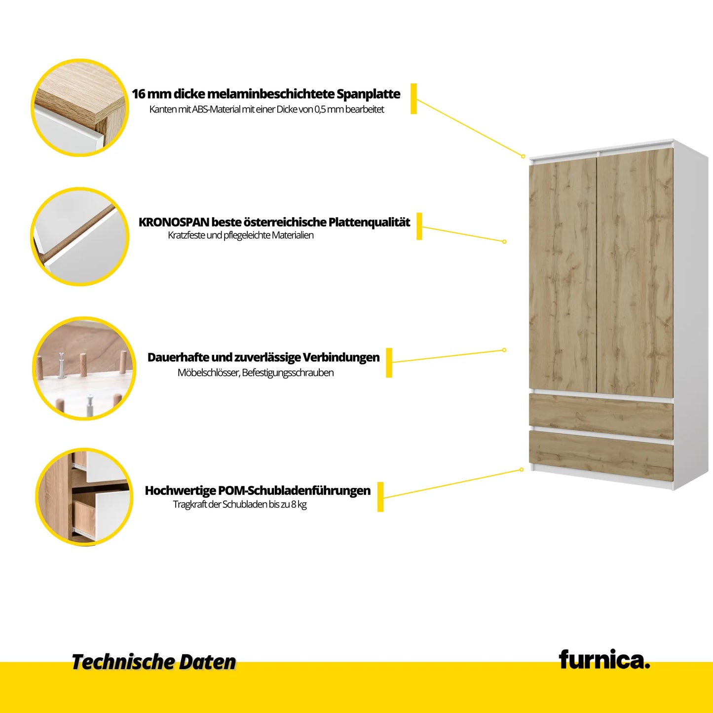 JOELLE - Kleiderschrank mit 2 Türen und 2 Schubladen - Weiß Matt / Wotan Eiche H180cm B90cm T50cm – Furnica