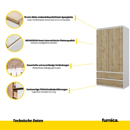 JOELLE - Kleiderschrank mit 2 Türen und 2 Schubladen - Weiß Matt / Wotan Eiche H180cm B90cm T50cm – Furnica
