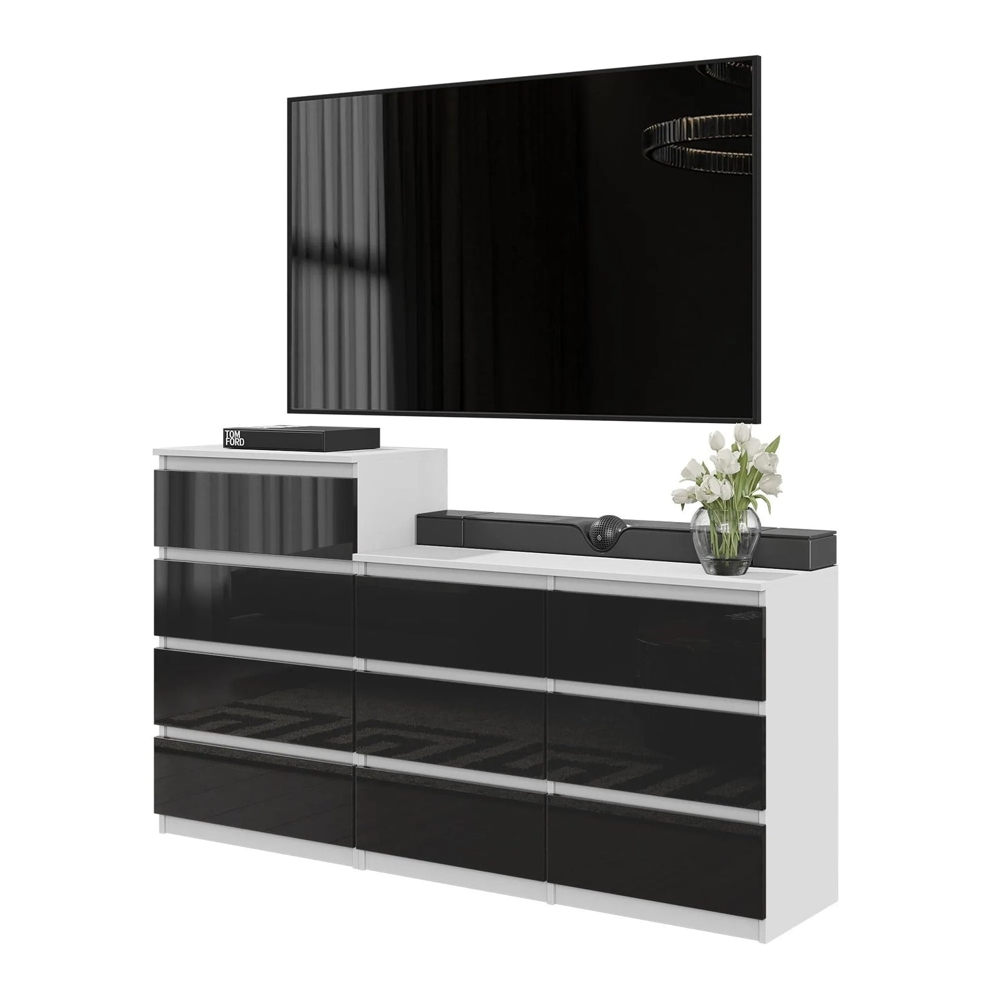 Kommode / Sideboard mit 10 Schubladen (6+4) - Weiß Matt / Schwarz Gloss H92/70cm W160cm D33cm – Furnica