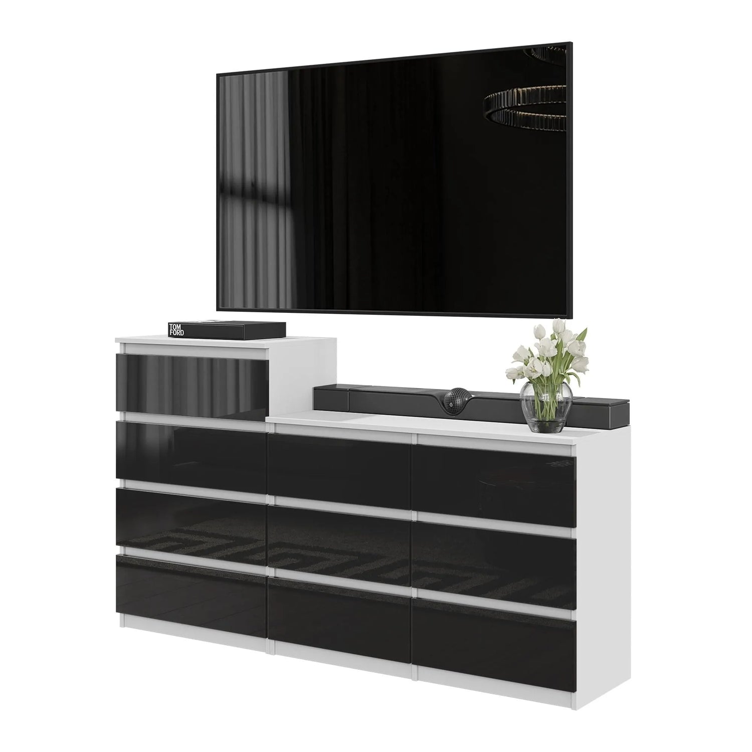 Kommode / Sideboard mit 10 Schubladen (6+4) - Weiß Matt / Schwarz Gloss H92/70cm W160cm D33cm – Furnica