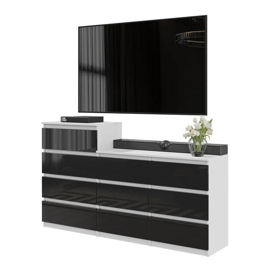Kommode / Sideboard mit 10 Schubladen (6+4) - Weiß Matt / Schwarz Gloss H92/70cm W160cm D33cm – Furnica