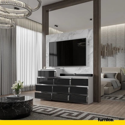 Kommode / Sideboard mit 10 Schubladen (6+4) - Weiß Matt / Schwarz Gloss H92/70cm W160cm D33cm – Furnica