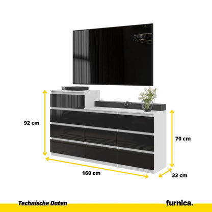 Kommode / Sideboard mit 10 Schubladen (6+4) - Weiß Matt / Schwarz Gloss H92/70cm W160cm D33cm – Furnica