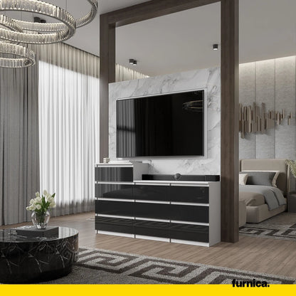 Kommode / Sideboard mit 10 Schubladen (6+4) - Weiß Matt / Schwarz Gloss H92/70cm W160cm D33cm – Furnica