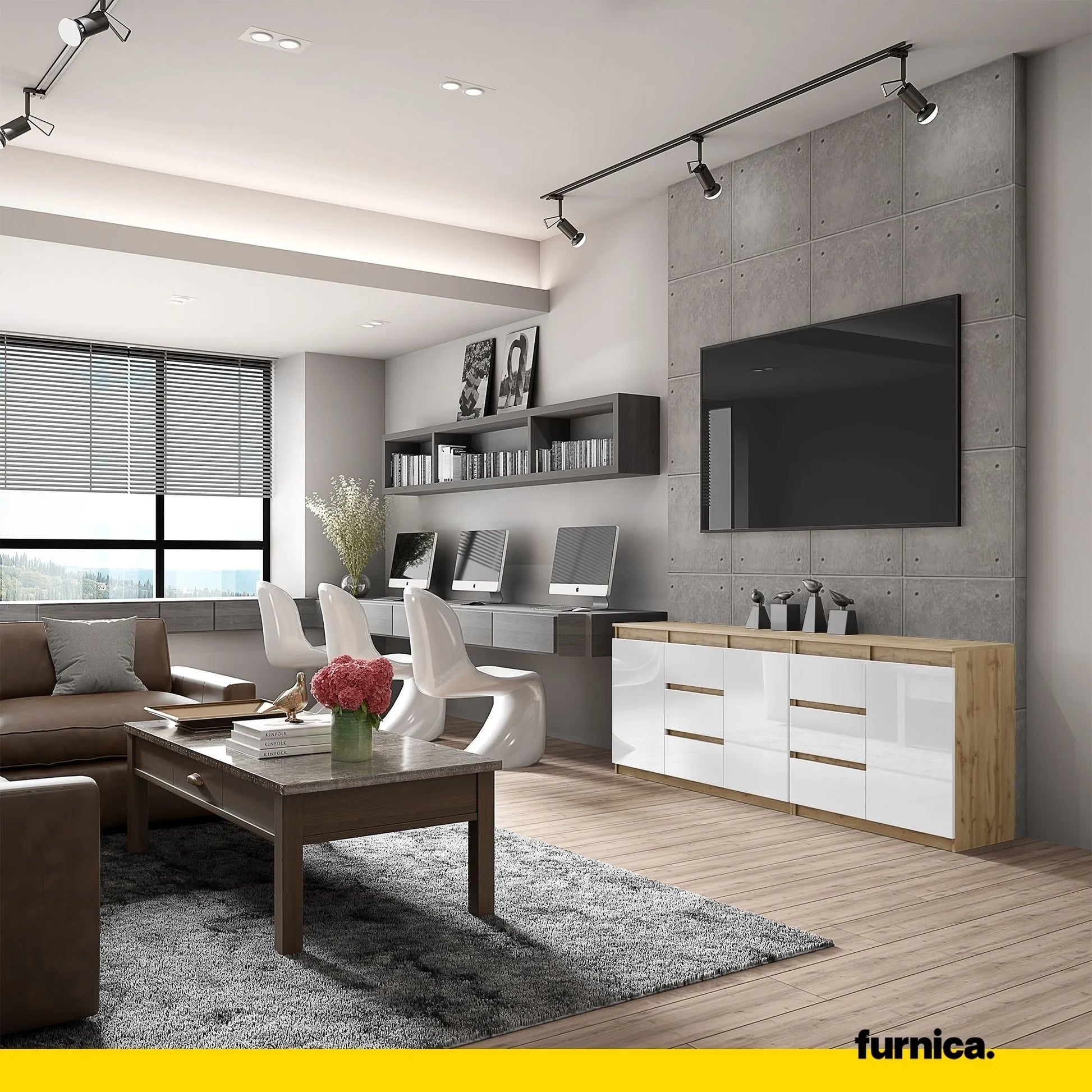 MIKEL - Kommode mit 6 Schubladen und 3 Türen - Schlafzimmer Kommode Aufbewahrung Schrank Sideboard - Wotan Eiche / Weiß Glanz H75cm B200cm T35cm – Furnica