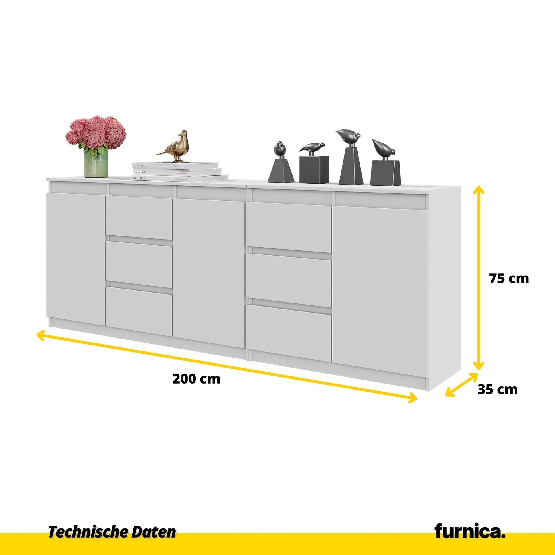 MIKEL - Kommode mit 6 Schubladen und 3 Türen - Schlafzimmer Kommode Aufbewahrung Schrank Sideboard - Weiß Matt / Weiß Matt H75cm B200cm T35cm – Furnica