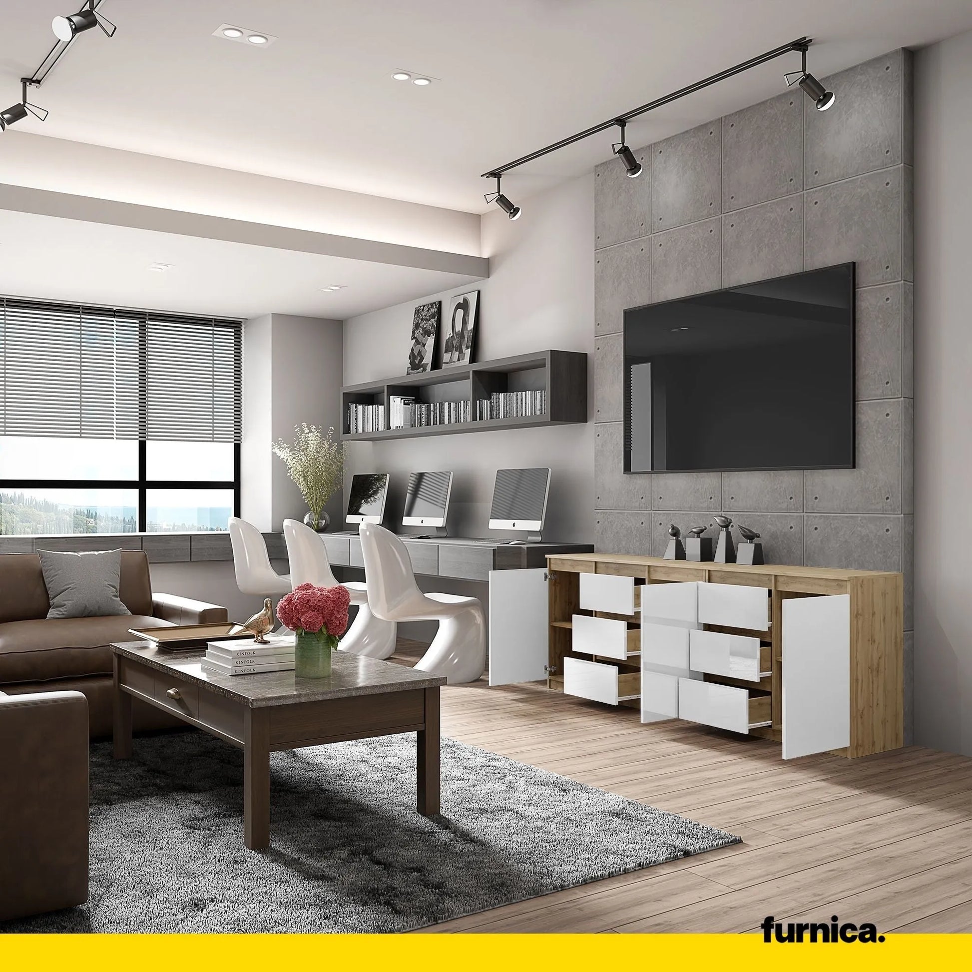 MIKEL - Kommode mit 6 Schubladen und 3 Türen - Schlafzimmer Kommode Aufbewahrung Schrank Sideboard - Wotan Eiche / Weiß Glanz H75cm B200cm T35cm – Furnica