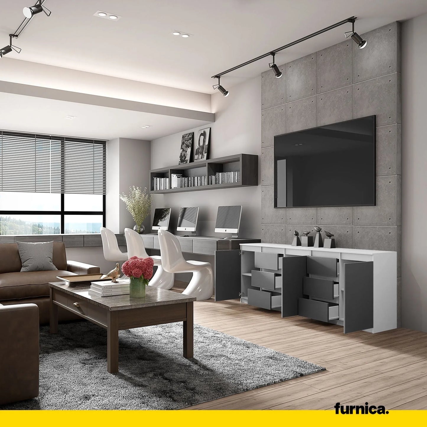 MIKEL - Kommode mit 6 Schubladen und 3 Türen - Schlafzimmer Kommode Aufbewahrung Schrank Sideboard - Weiß Matt / Anthrazit H75cm B200cm T35cm – Furnica