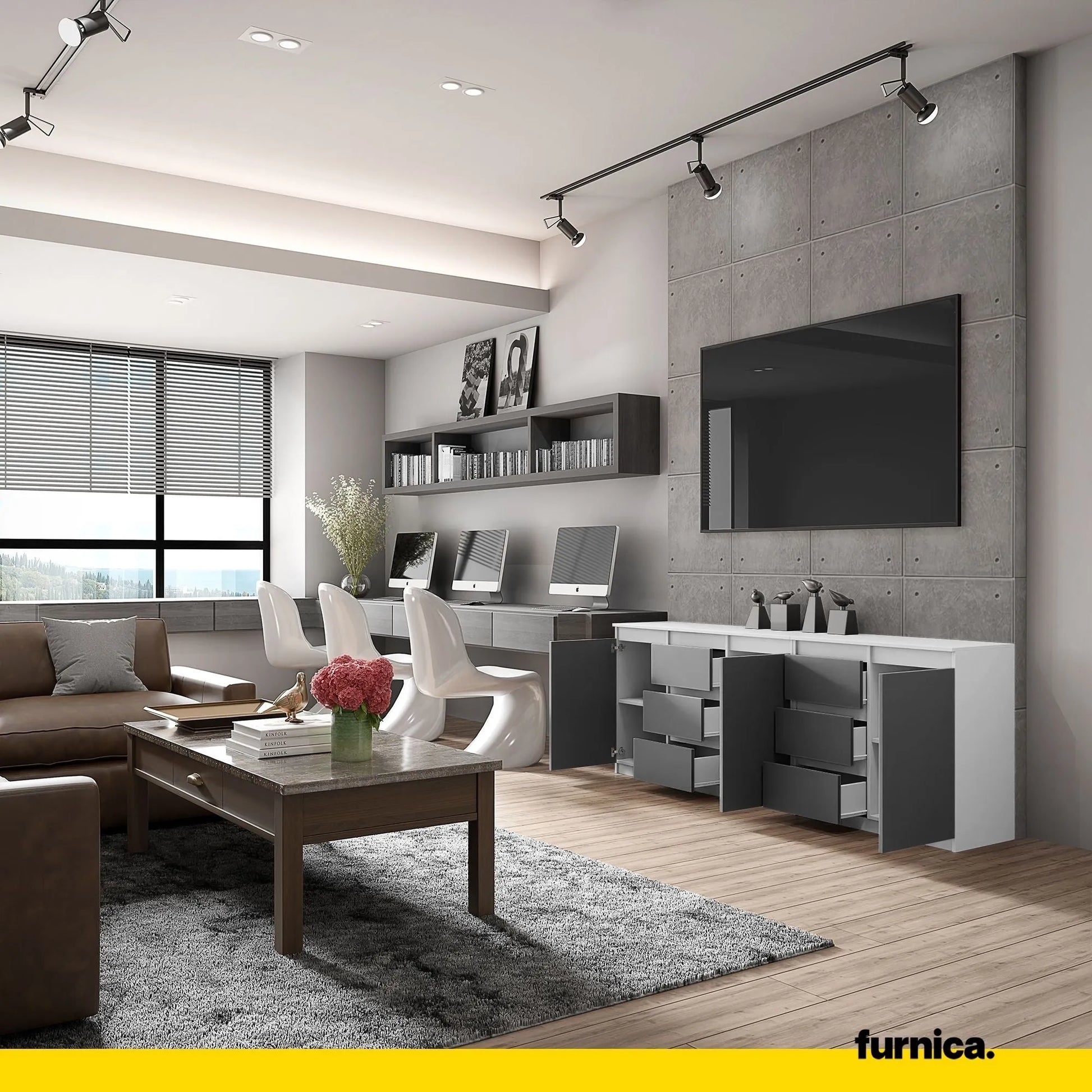MIKEL - Kommode mit 6 Schubladen und 3 Türen - Schlafzimmer Kommode Aufbewahrung Schrank Sideboard - Weiß Matt / Anthrazit H75cm B200cm T35cm – Furnica