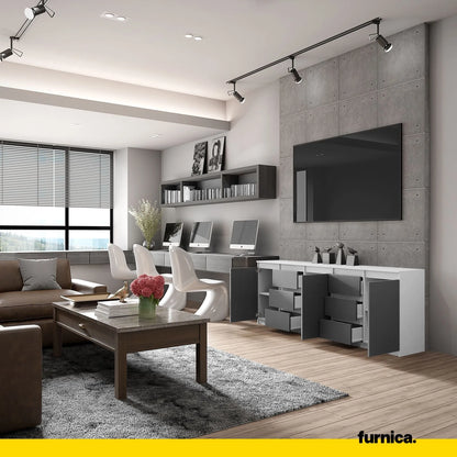 MIKEL - Kommode mit 6 Schubladen und 3 Türen - Schlafzimmer Kommode Aufbewahrung Schrank Sideboard - Weiß Matt / Anthrazit H75cm B200cm T35cm – Furnica