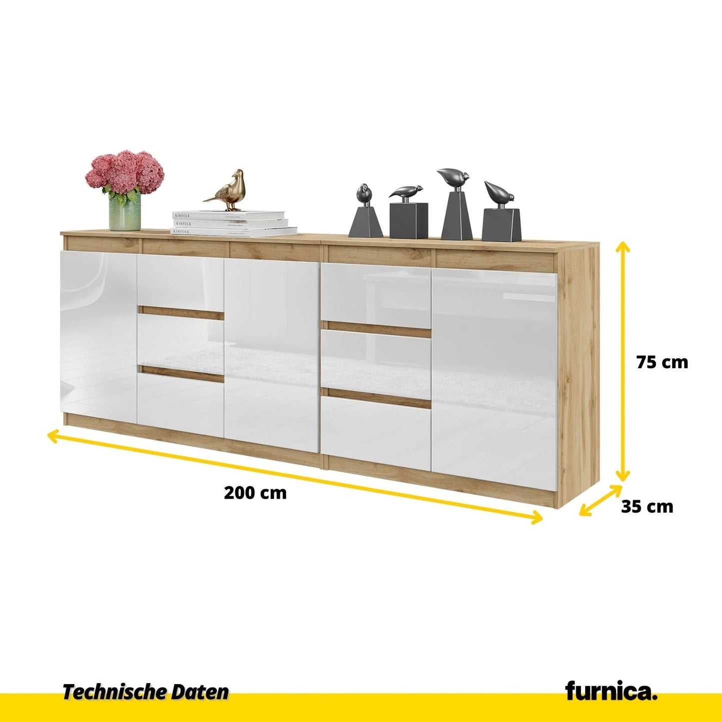 MIKEL - Kommode mit 6 Schubladen und 3 Türen - Schlafzimmer Kommode Aufbewahrung Schrank Sideboard - Wotan Eiche / Weiß Glanz H75cm B200cm T35cm – Furnica