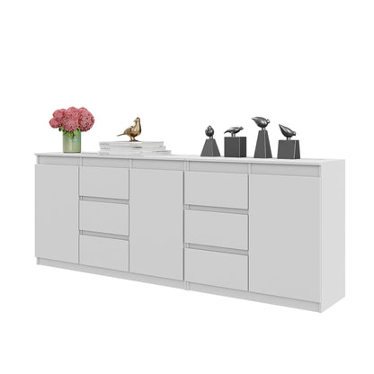 MIKEL - Kommode mit 6 Schubladen und 3 Türen - Schlafzimmer Kommode Aufbewahrung Schrank Sideboard - Weiß Matt / Weiß Matt H75cm B200cm T35cm – Furnica