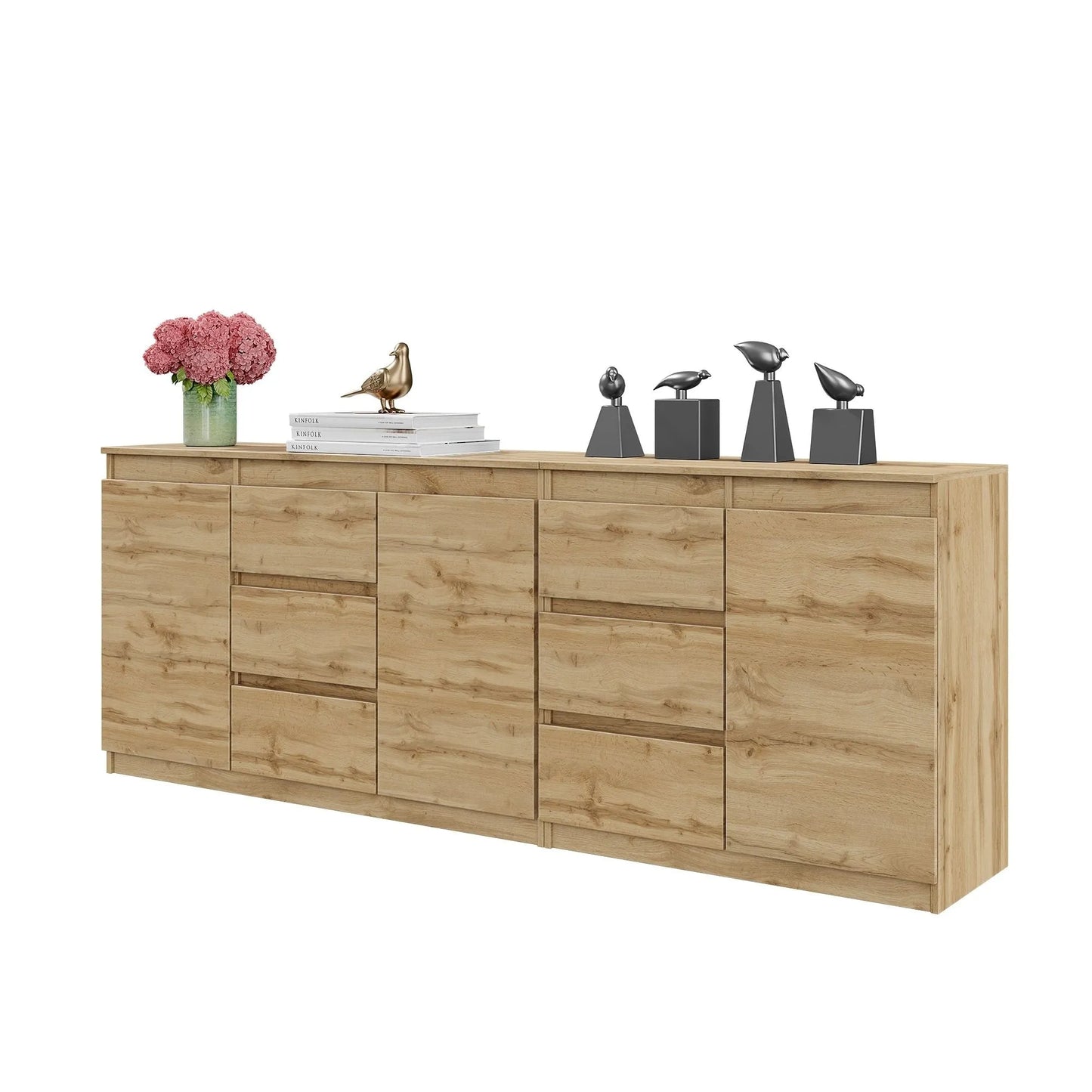 MIKEL - Kommode mit 6 Schubladen und 3 Türen - Schlafzimmer Kommode Aufbewahrung Schrank Sideboard - Wotan Eiche H75cm B200cm T35cm – Furnica