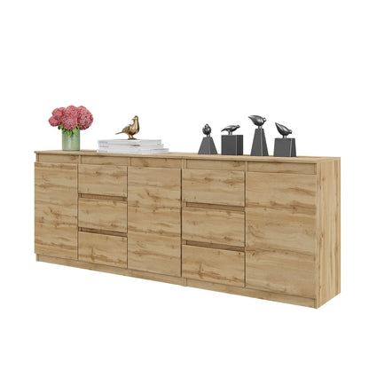 MIKEL - Kommode mit 6 Schubladen und 3 Türen - Schlafzimmer Kommode Aufbewahrung Schrank Sideboard - Wotan Eiche H75cm B200cm T35cm – Furnica