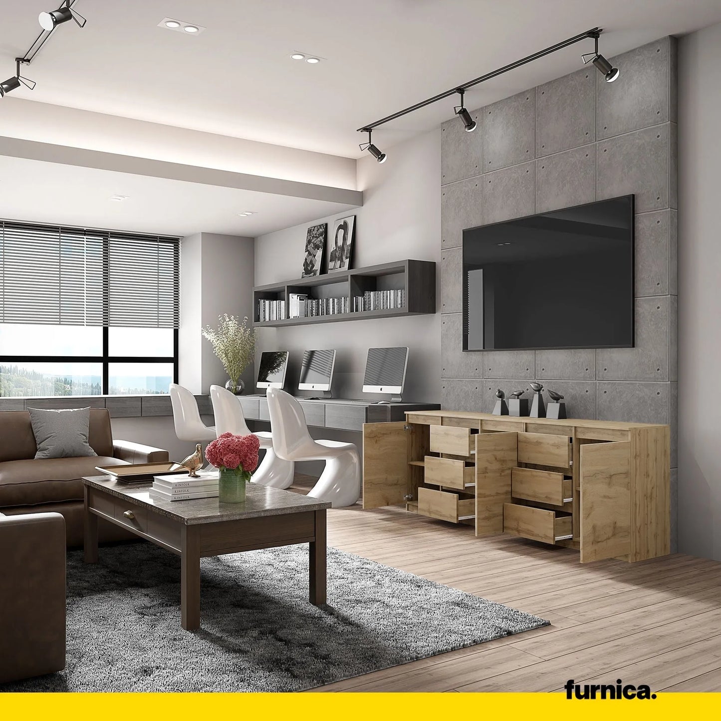 MIKEL - Kommode mit 6 Schubladen und 3 Türen - Schlafzimmer Kommode Aufbewahrung Schrank Sideboard - Wotan Eiche H75cm B200cm T35cm – Furnica