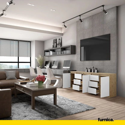 MIKEL - Kommode mit 6 Schubladen und 3 Türen - Schlafzimmer Kommode Aufbewahrung Schrank Sideboard - Wotan Eiche / Weiß Matt H75cm B200cm T35cm – Furnica