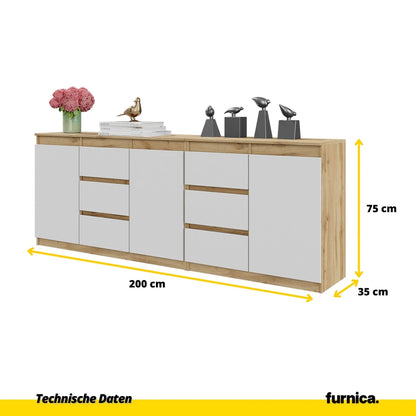MIKEL - Kommode mit 6 Schubladen und 3 Türen - Schlafzimmer Kommode Aufbewahrung Schrank Sideboard - Wotan Eiche / Weiß Matt H75cm B200cm T35cm – Furnica